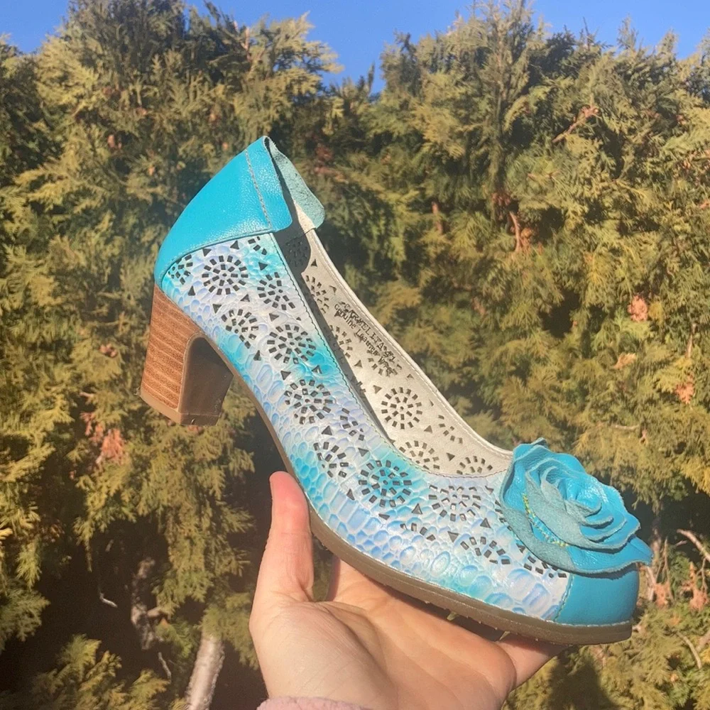 L’Artiste by Spring Step Carmelita Blue Leather Floral Pump Heel Women’s Size 41 - Picture 11 of 11